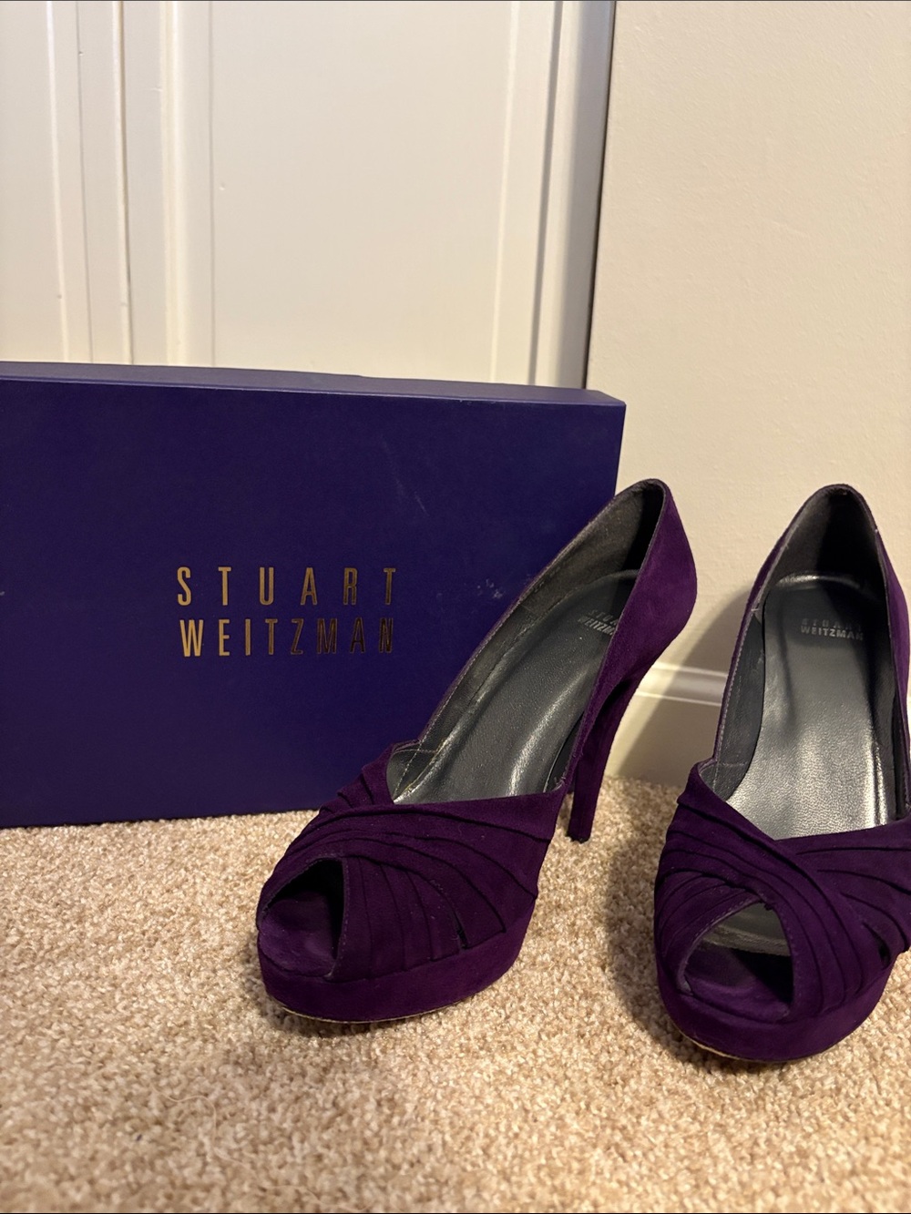Stuart Weitzman Eggplant Purple Suede Peep-Toe Heels Women 8
